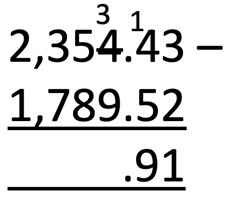 column subtraction taking a unit over to the tenths column