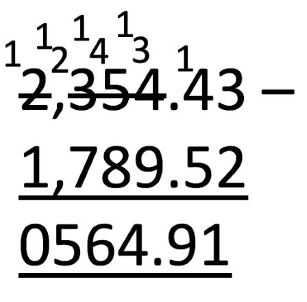 column subtraction 2354.43-1789.52=564.91