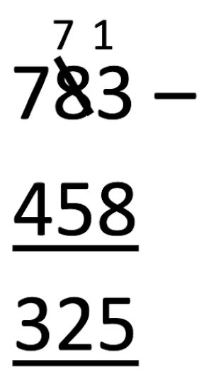 column method for 783-458=325, showing 100s being carried over to 10s and 10s being carried over to 1s