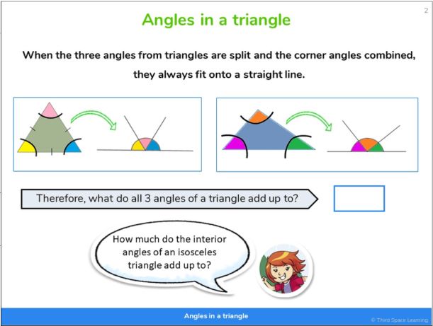 A Y6 slide from Third Space Learning connecting angle properties with triangle properties.