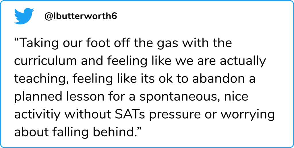 A tweet from a teacher about the positive changes to their school timetable post-pandemic.