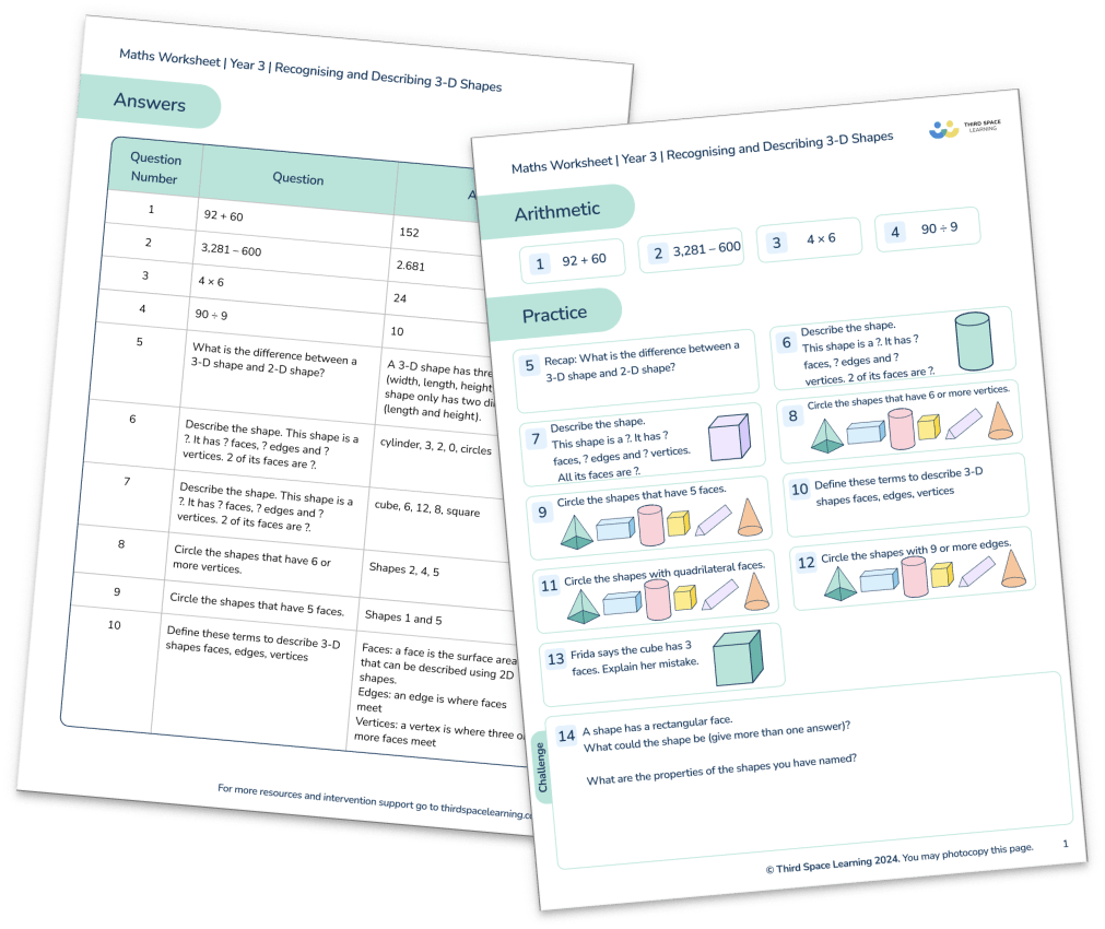 3D Shapes Worksheet Year 3