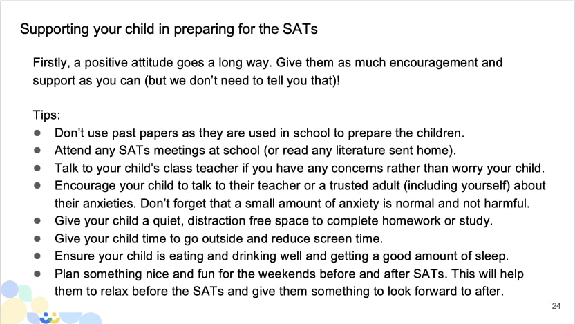 SATs 2022 Image of a slide advising parents how to prepare their children for SATs
