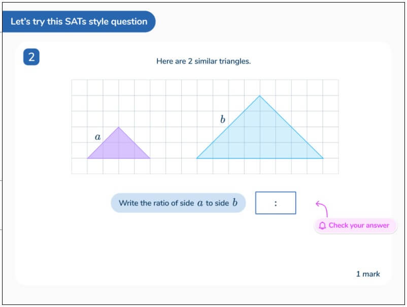 Ratio and scale SATs revision slide featuring two similar triangles