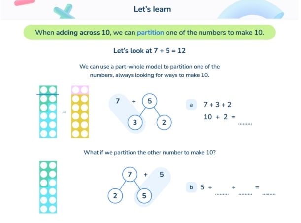 Using partitioning and knowledge of number bonds to 10 for calculations up to 20. This slide is from a Year 2 lesson on Third Space Learning's online maths intervention.