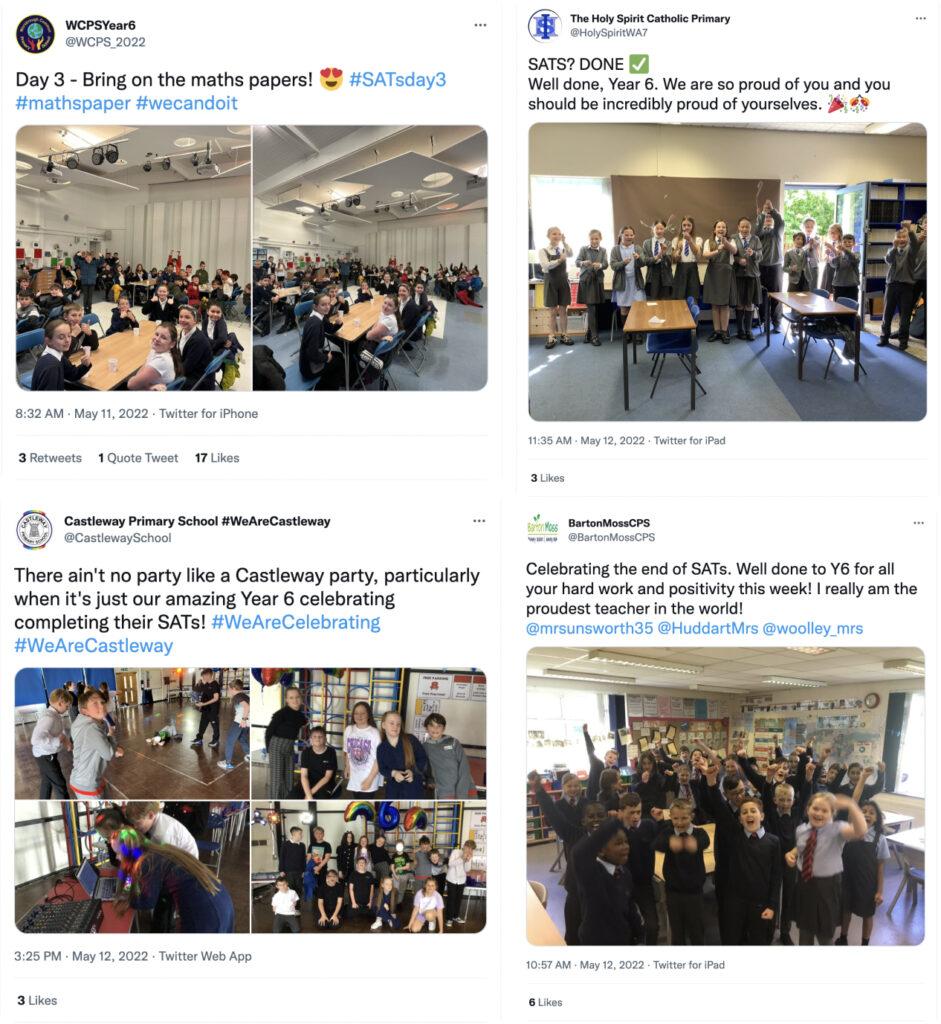 Series of tweets showing end of SATs week celebrations in schools