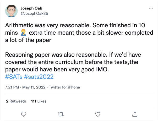 Tweet about arithmetic paper being reasonable in difficulty