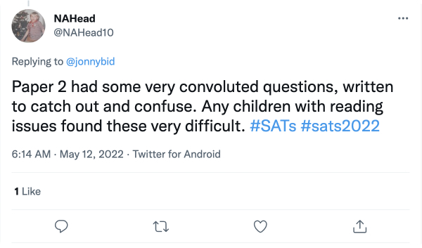 Tweet about convoluted questions on maths SATs 2022 papers