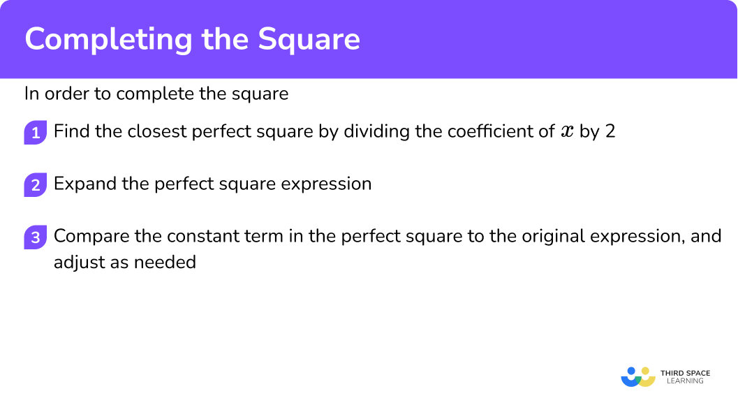 Explain how to complete the square in 3 steps