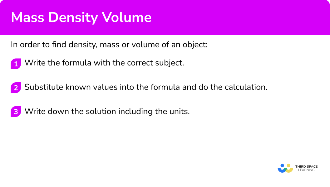 Explain how to find the density, mass or volume