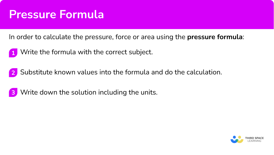 Explain how to calculate the pressure, force or area using the pressure formula