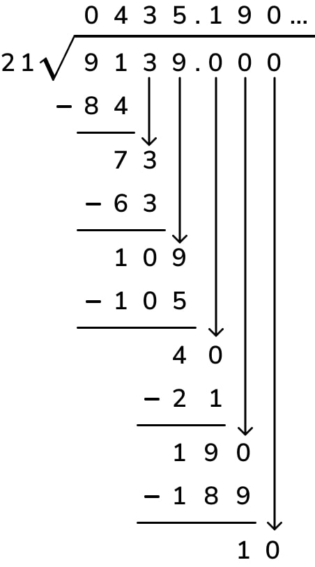Long division example expressed as a decimal