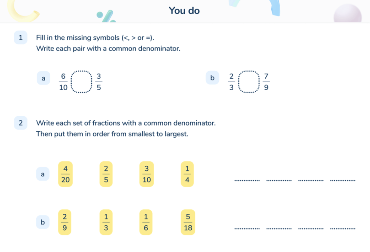 Example of a Third Space Learning AI tutoring lesson working on students understanding around relative fraction sizes