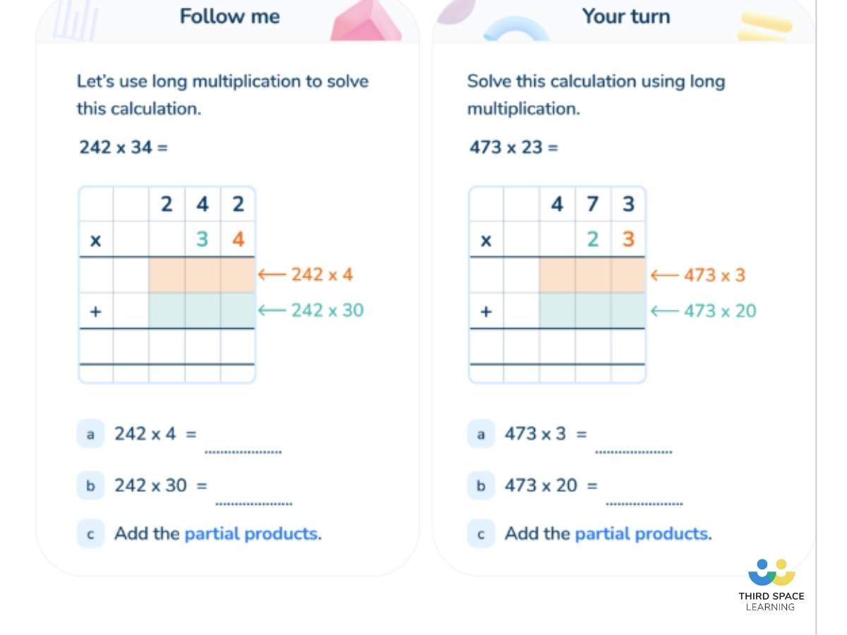 Third Space Learning's one to one online tuition lesson slide on multiplication
