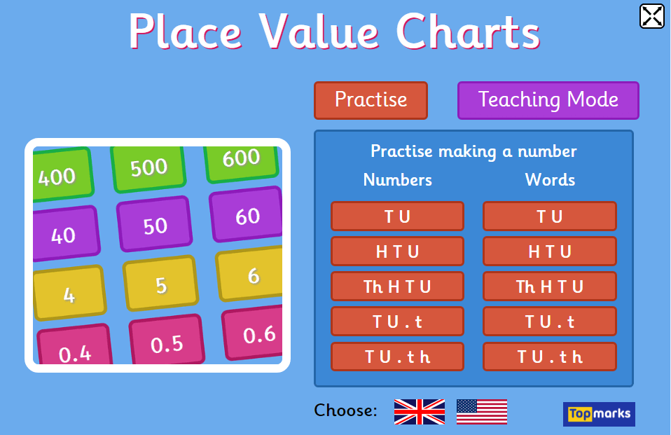 place value charts represented by digits and by words