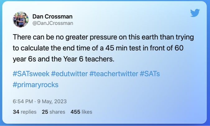 Twitter post from @DanJCrossman on SATs 2023
