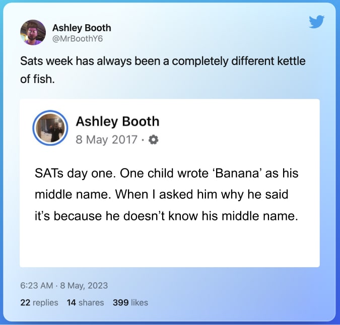 Twitter post from @MrBoothY6 on SATs 2023