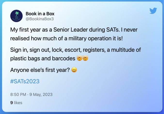 Twitter post from @BookinaBox3 on SATs 2023