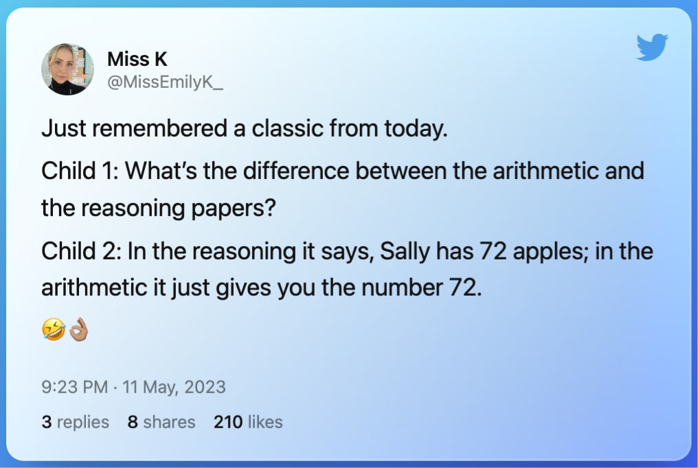 Twitter post from @MissEmilyK_ on Maths SATs 2023
