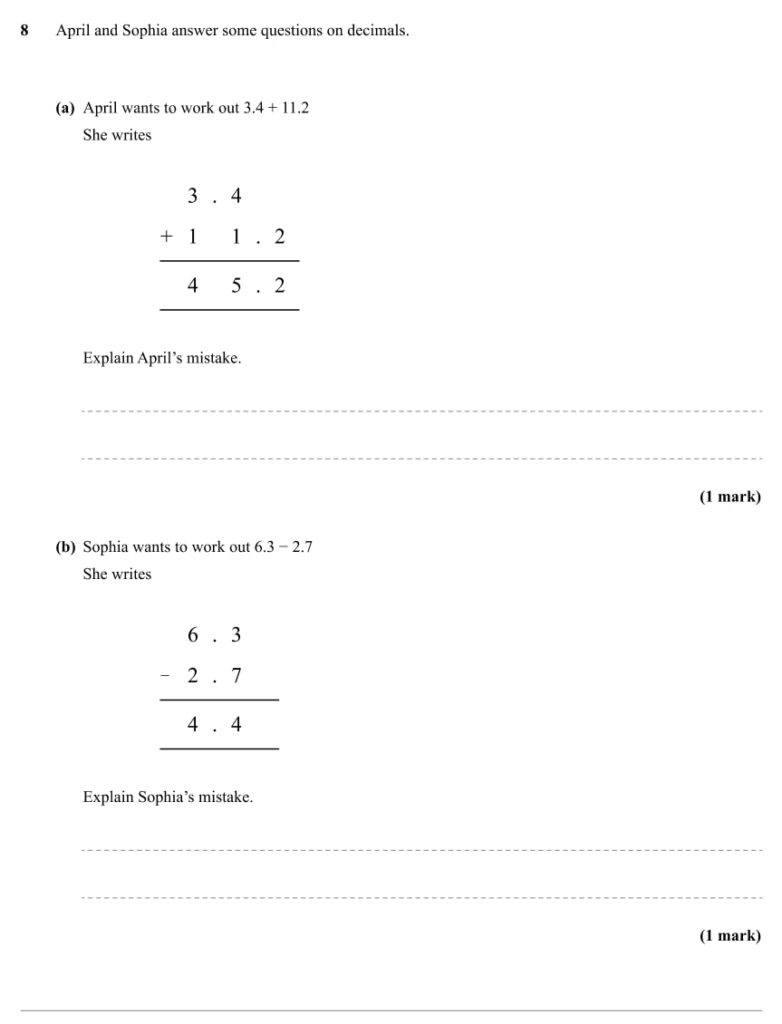 Year 7 maths test questions on decimals