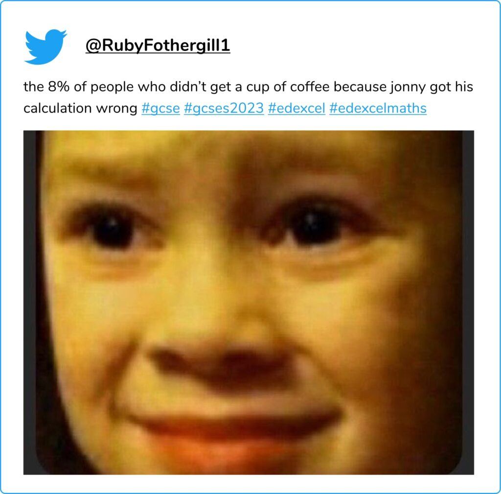 Student tweet about GCSE Maths Paper 3 coffee