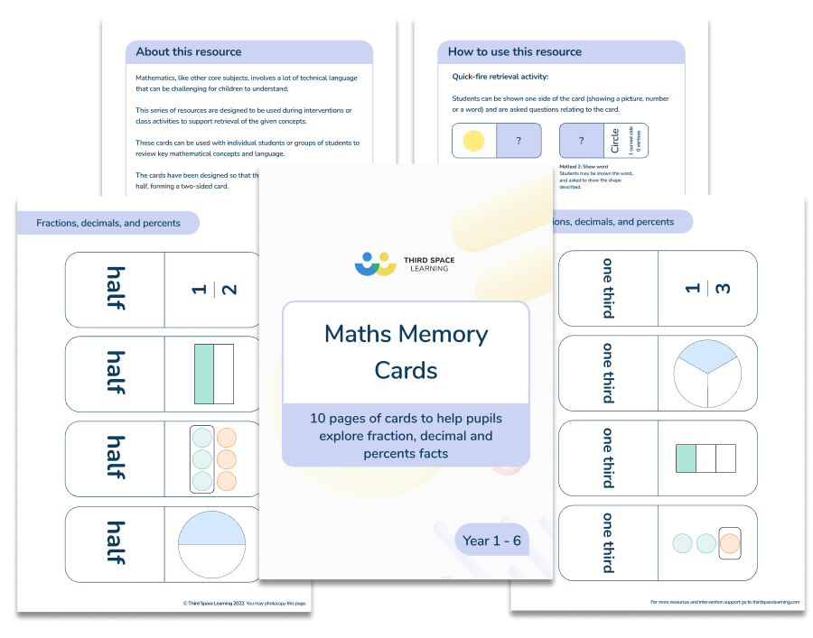 Maths Memory Cards Fractions, Decimals and Percentages
