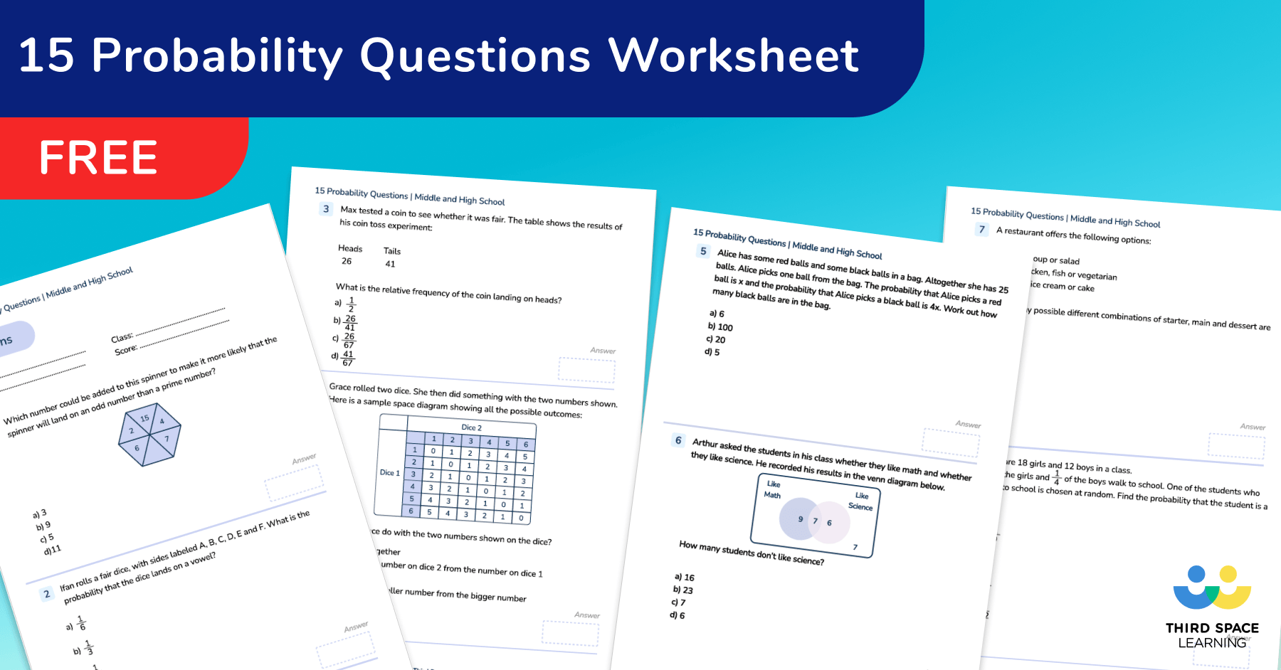 [FREE] 15 Probability Questions Worksheet