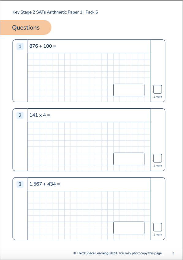 SATs arithmetic paper