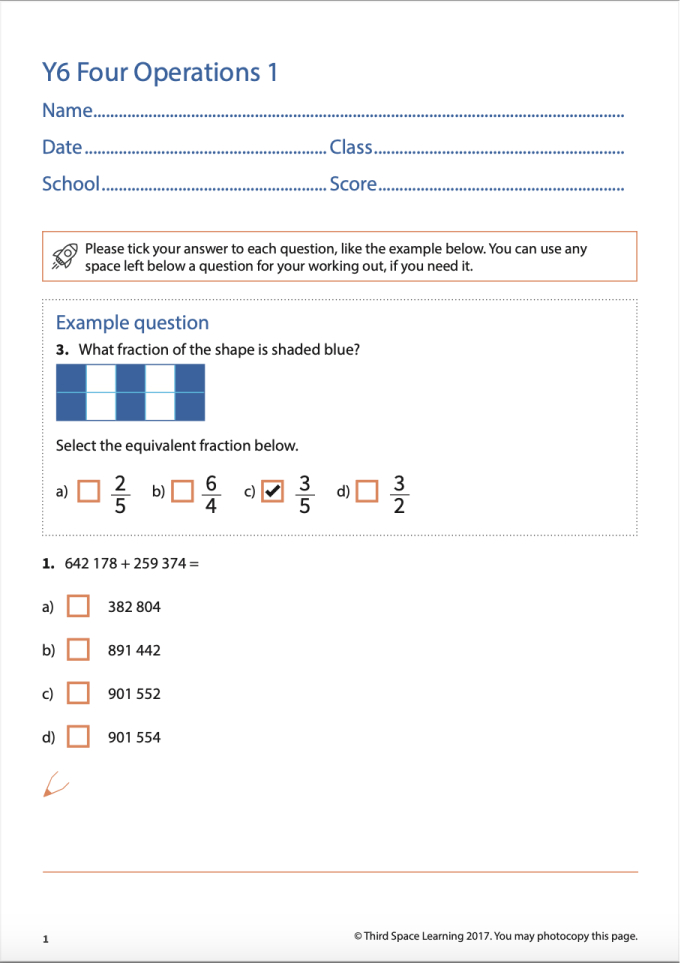 Diagnostic assessment - Year 6 example 