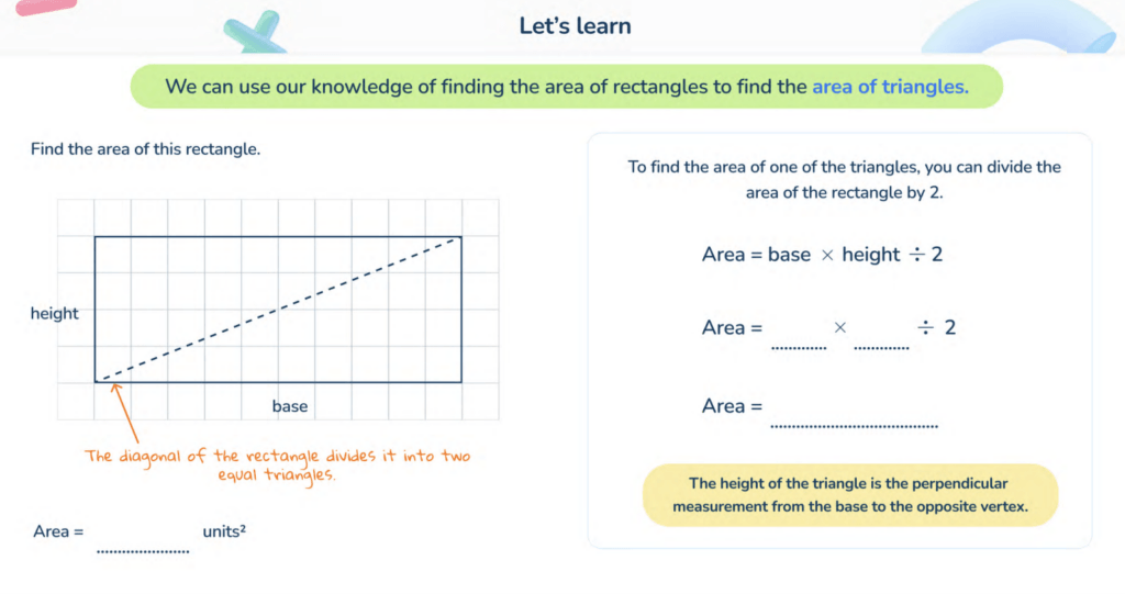 Finding the area of a triangle. 6th grade tutoring lesson. 