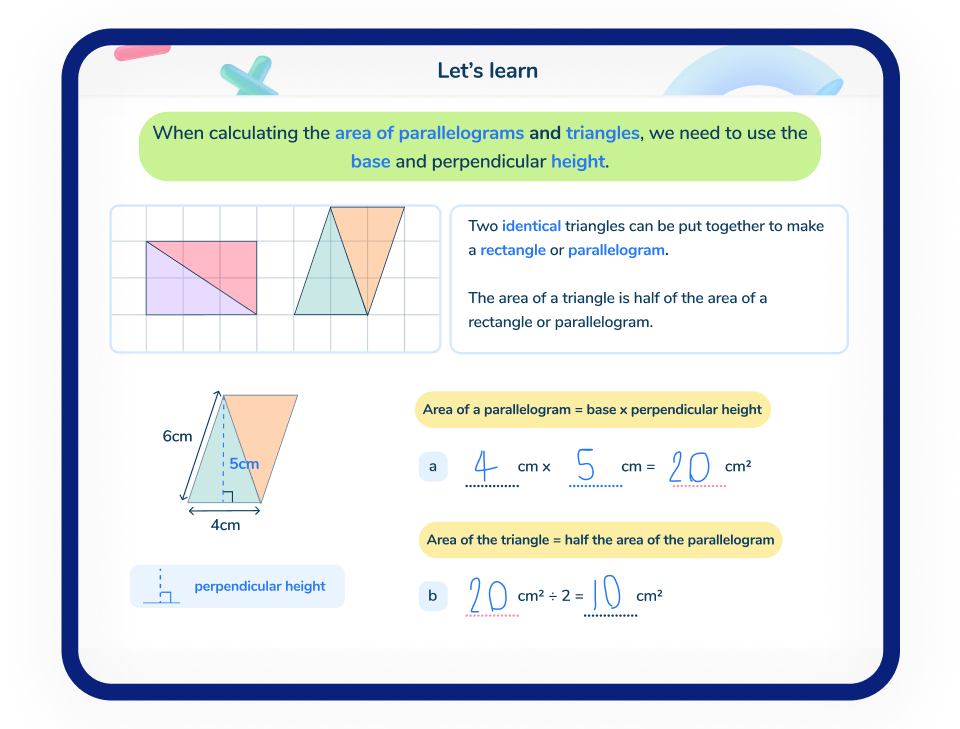 Third SPace Learning one to one online tutoring lesson. KS£: Finding the area of triangles and parallelograms. 