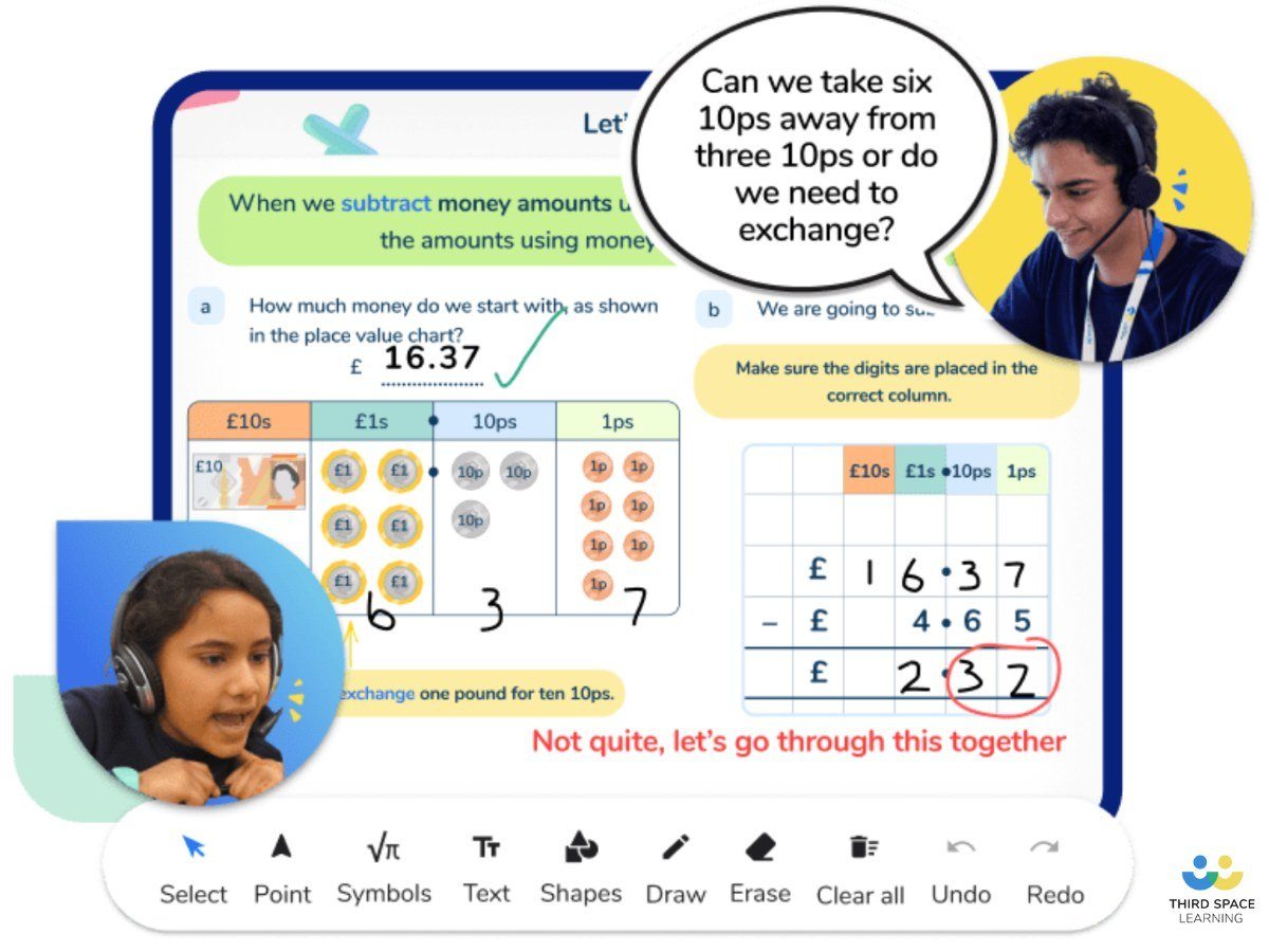 Tutor and pupil interacting on Third Space Learning platform during one to one online tutoring session