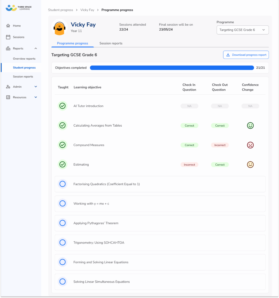 Third Space Learning one to one tutoring pupil progress report