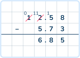 12.58 minus 5.73 using standard algorithm