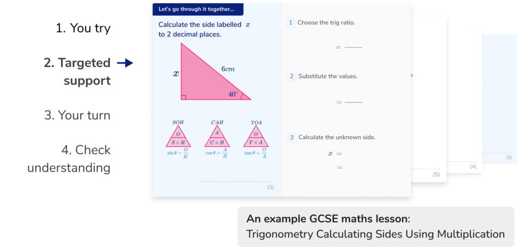 GCSE maths AI tutoring trigonometry multiplication lesson. Targeted support slide.  
