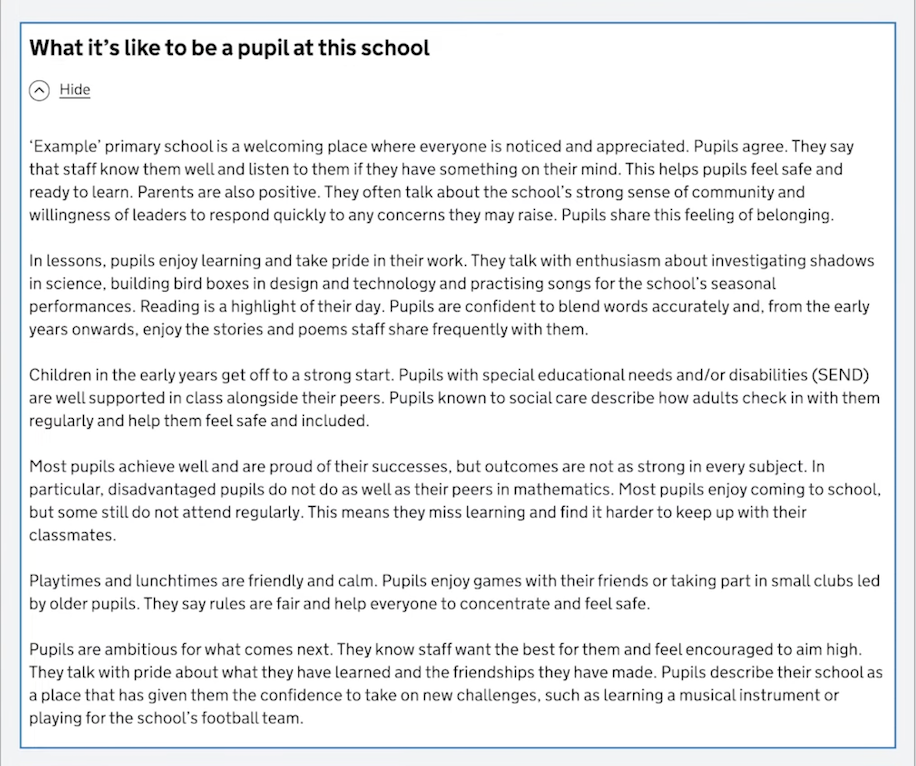 Extra details on Ofsted report cards