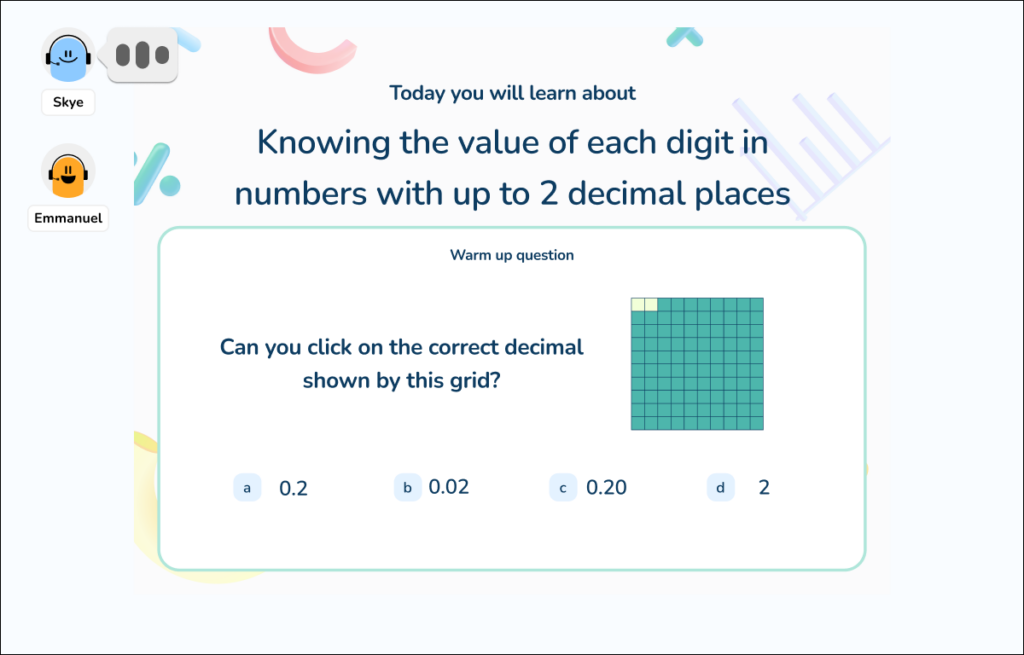 Skye, the AI math tutor, teaching a lesson on decimal place value