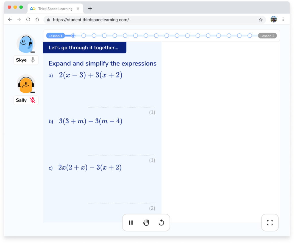 A Skye lesson slide from a secondary maths lesson on expanding and simplifying expressions, shown in the pupil's browser.