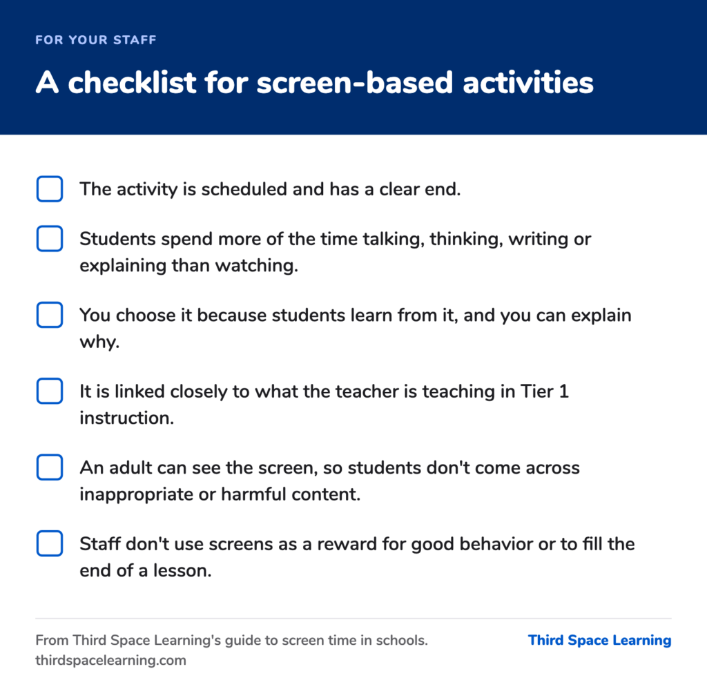 A six-point checklist for screen-based activities: the activity is scheduled and has a clear end; students spend more of the time talking, thinking, writing or explaining than watching; it is chosen because students learn from it; it is linked closely to Tier 1 instruction; an adult can see the screen; and screens are not used as a reward or to fill time.